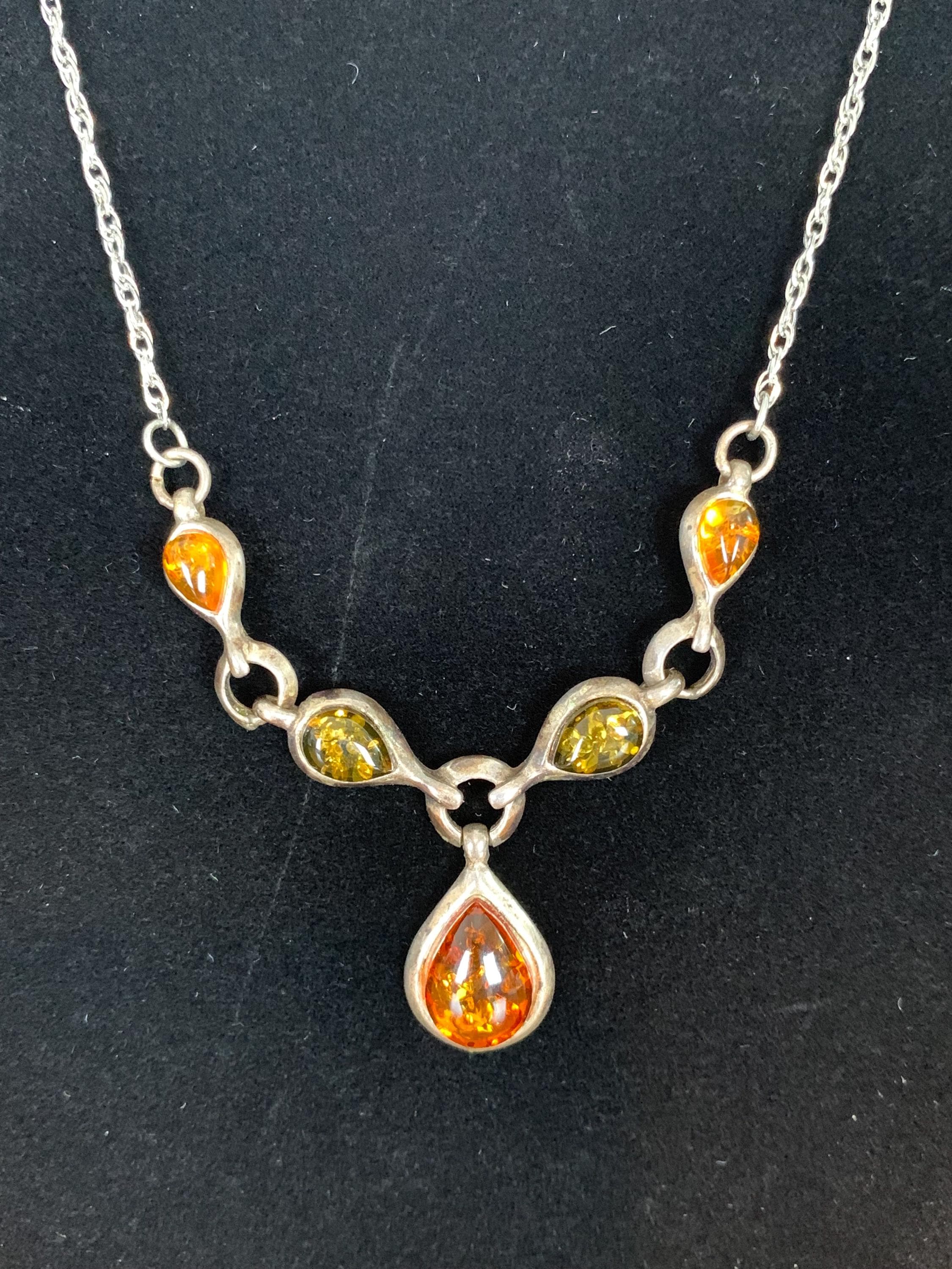 Sterling Silver Necklace Amber Stones Different Colors Stamped ENP