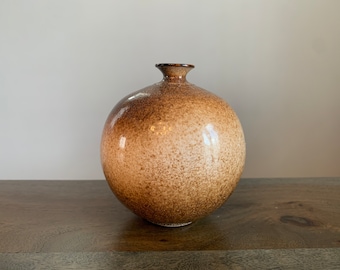 Signed Studio Pottery Vase Montalto Menton 1988 Vintage Handmade Round Short Brown Speckled