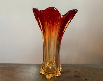 Amberina Glass Vase Red Orange Yellow Vintage Glass Art
