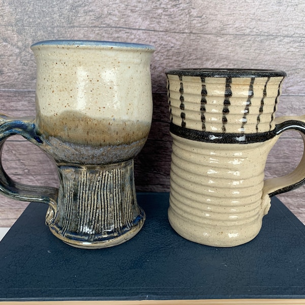 Pair of Signed Studio Pottery Mugs Cups Beige/Blue/Black Vintage One of a Kind