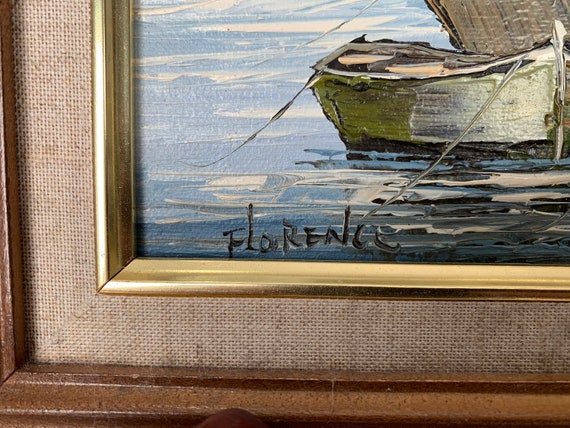 Oil Painting on Canvas Fishing Boats Signed Florence Vintage in