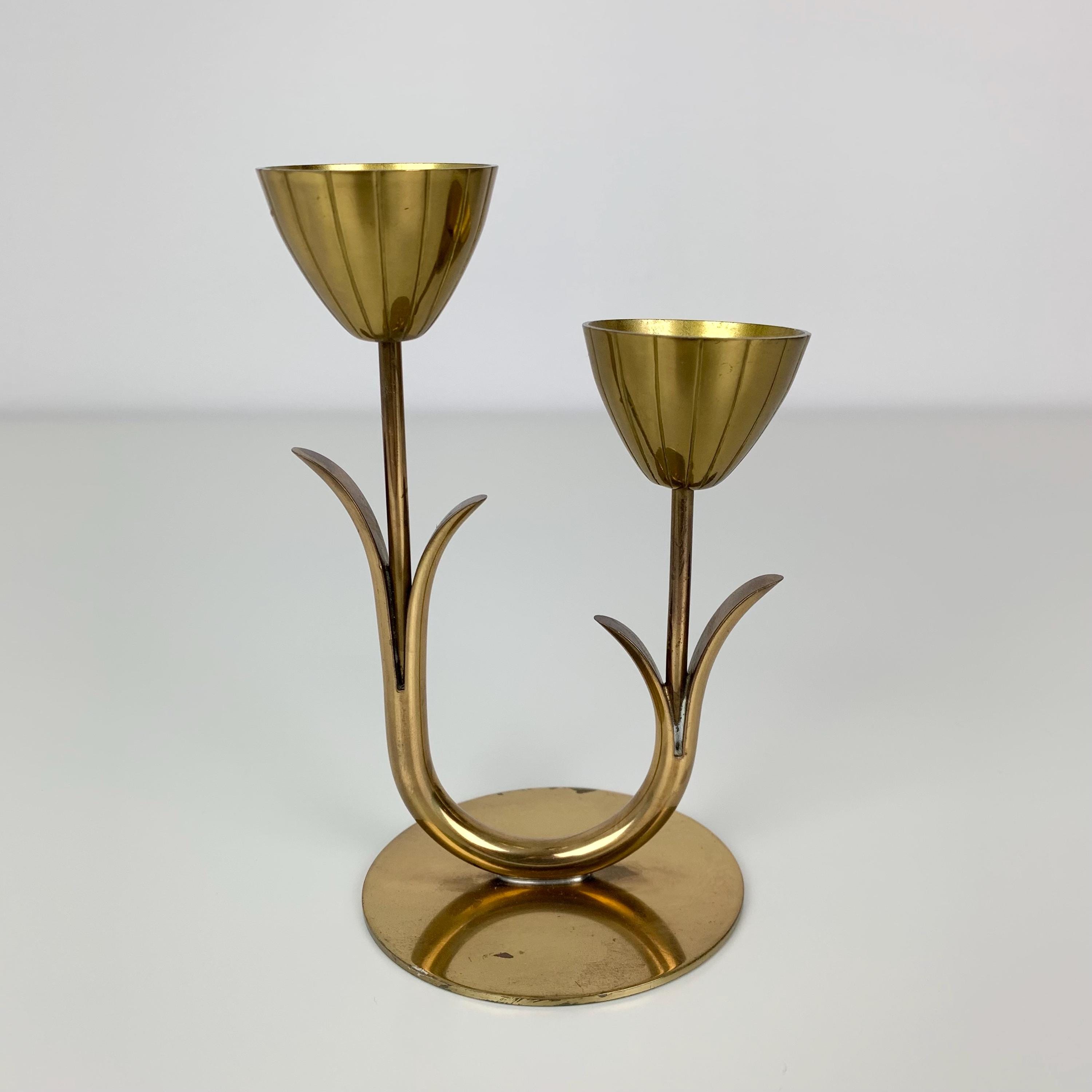 Ystad ll＊Candle stand＊・* Ystad Metall Brass Candle Holder Flower Tulip 2 Arms Sweden