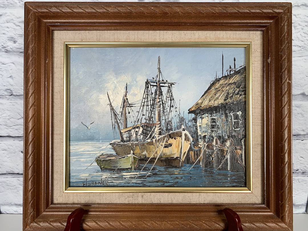 Oil Painting on Canvas Fishing Boats Signed Florence Vintage in the