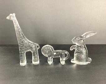 Kosta Voda Bertil Vallien 3 figurines en verre Lion Girafe Lapin Vtg Zoo Series Animaux MCM
