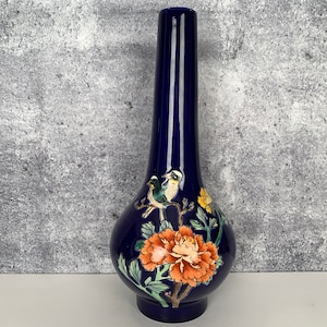 Vintage Tall Vase Signed Blue Birds Flowers Eaton Collection