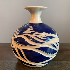 Signed Studio Pottery Vase Blue White Signed McKinnon Que Made in Canada Vintage