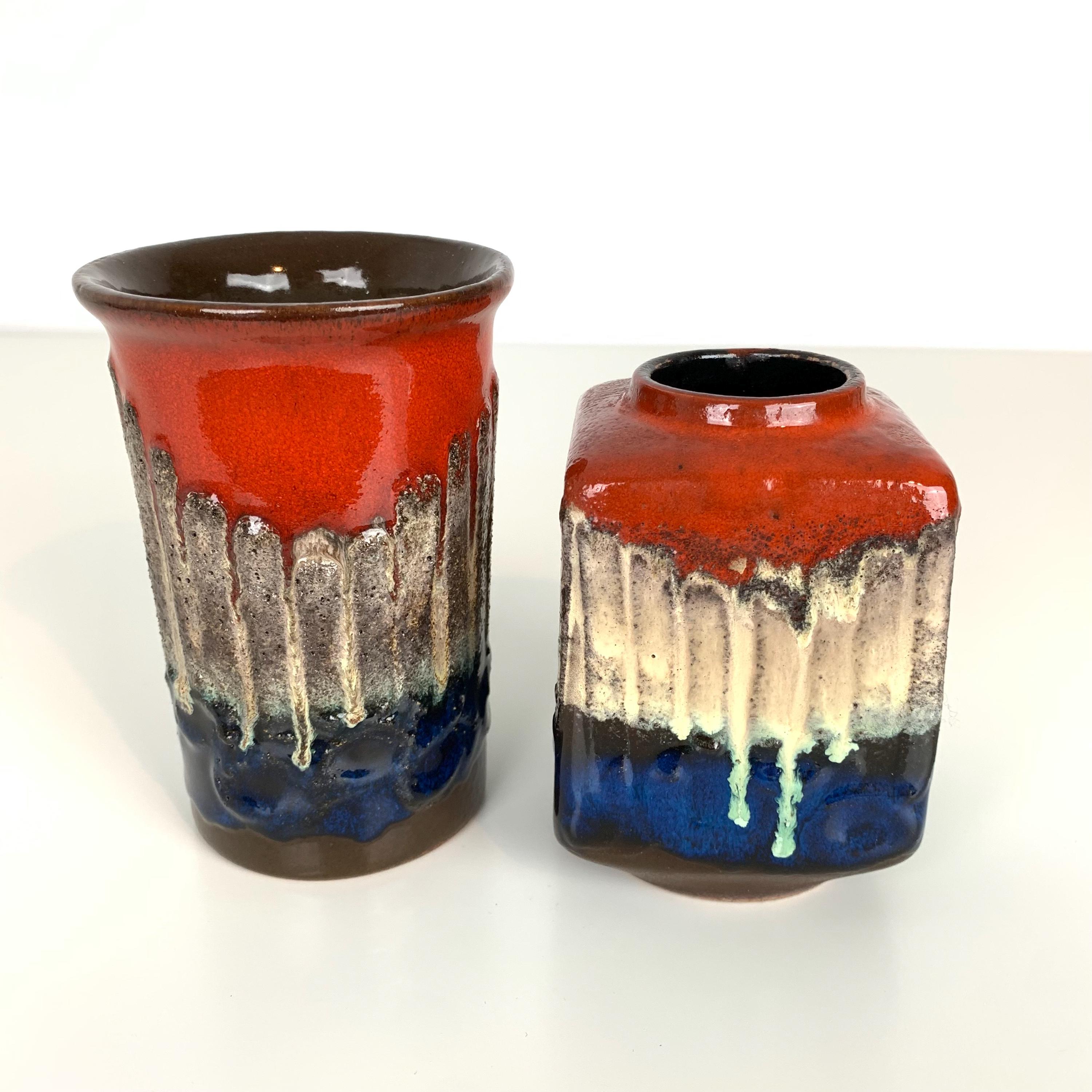 Set of 2 Strehla Vase Fat Lava Red Blue Vtg Stamped Germany German