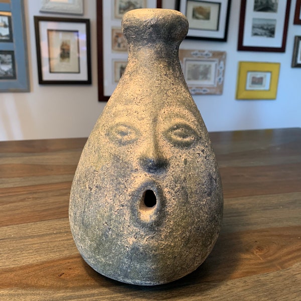 Handmade Vase with Face Open Mouth Dark Grey Vintage Brutalist Primitive Rough Glaze Grey Glaze