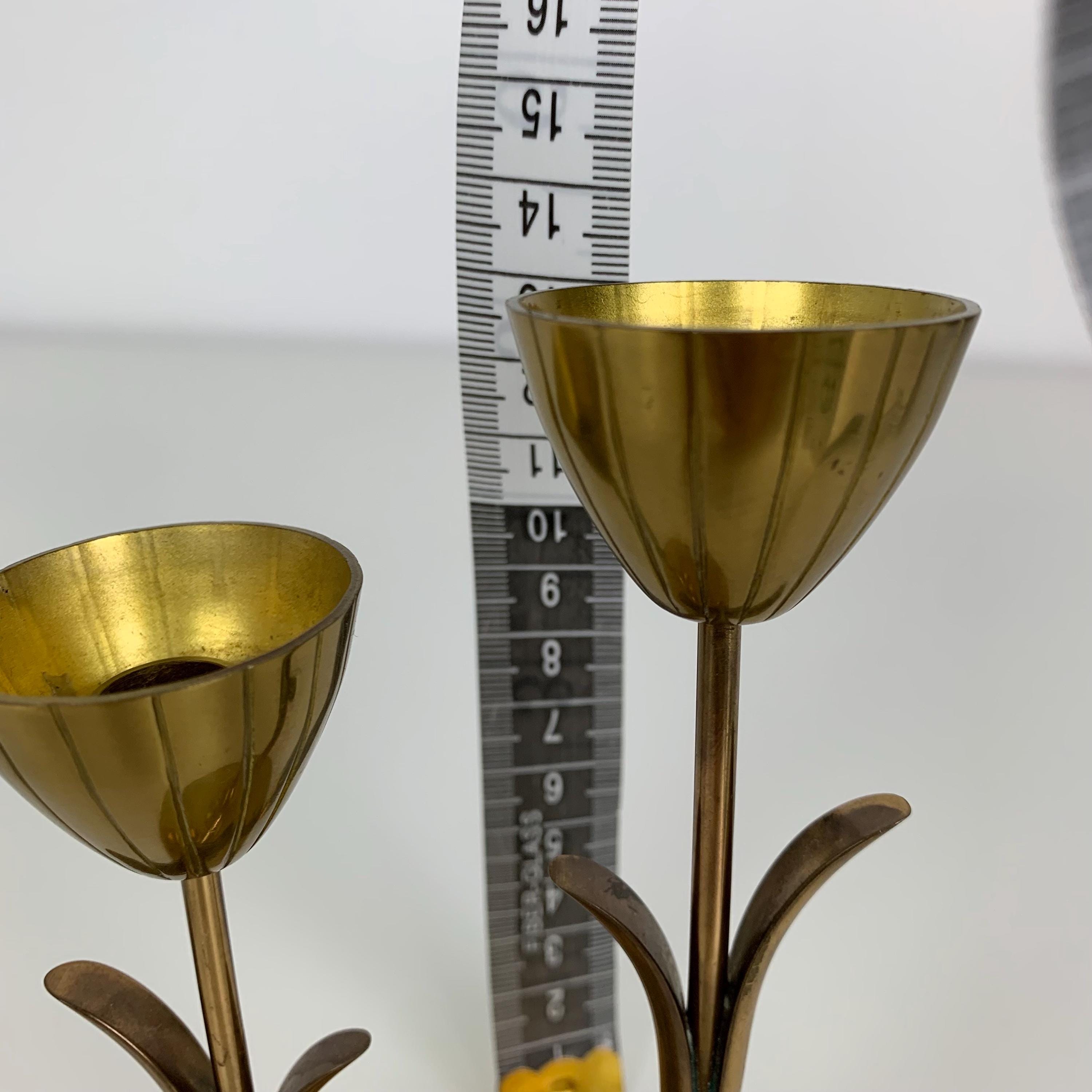 Ystad Metall Brass Candle Holder Flower Tulip 2 Arms Sweden