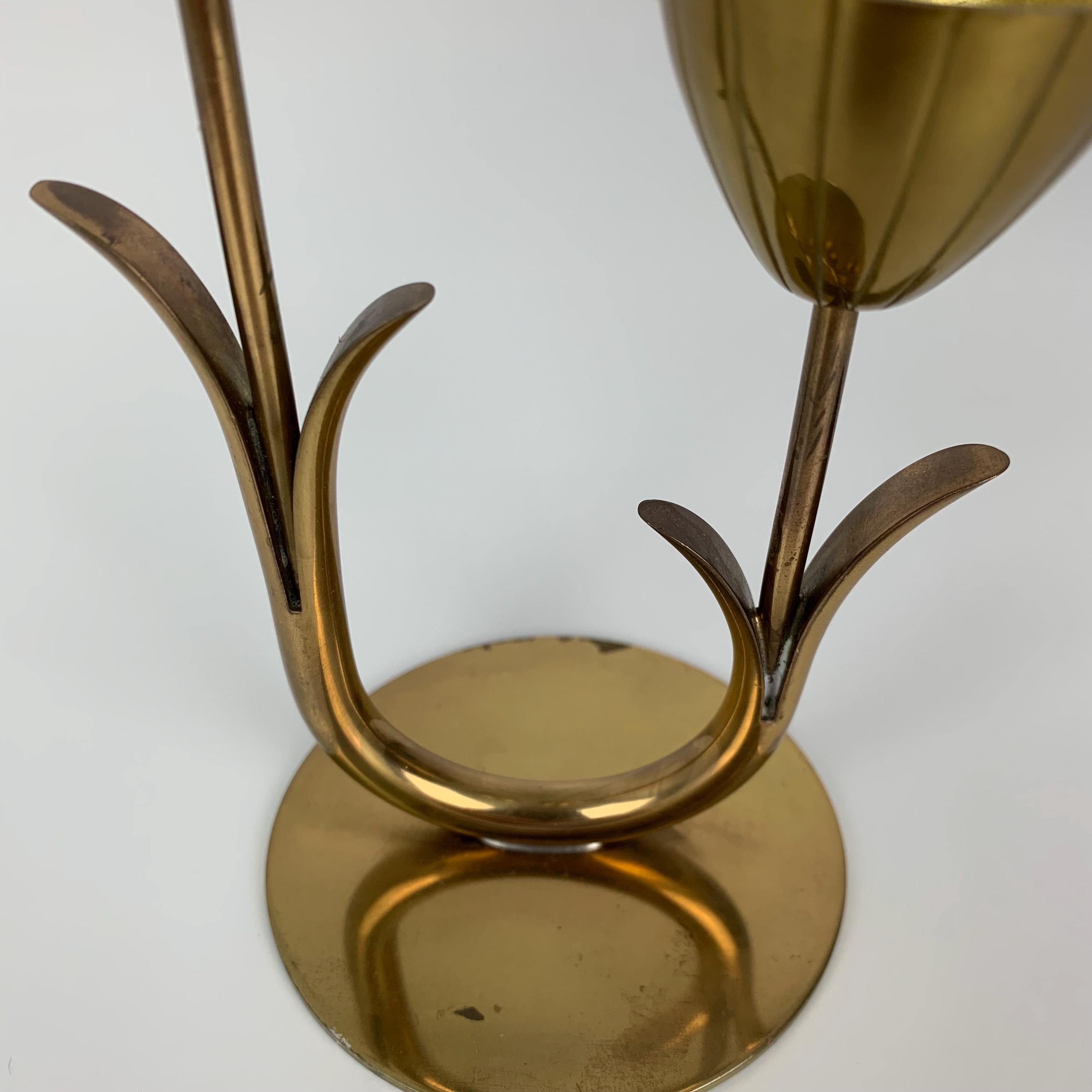 Ystad Metall Brass Candle Holder Flower Tulip 2 Arms Sweden