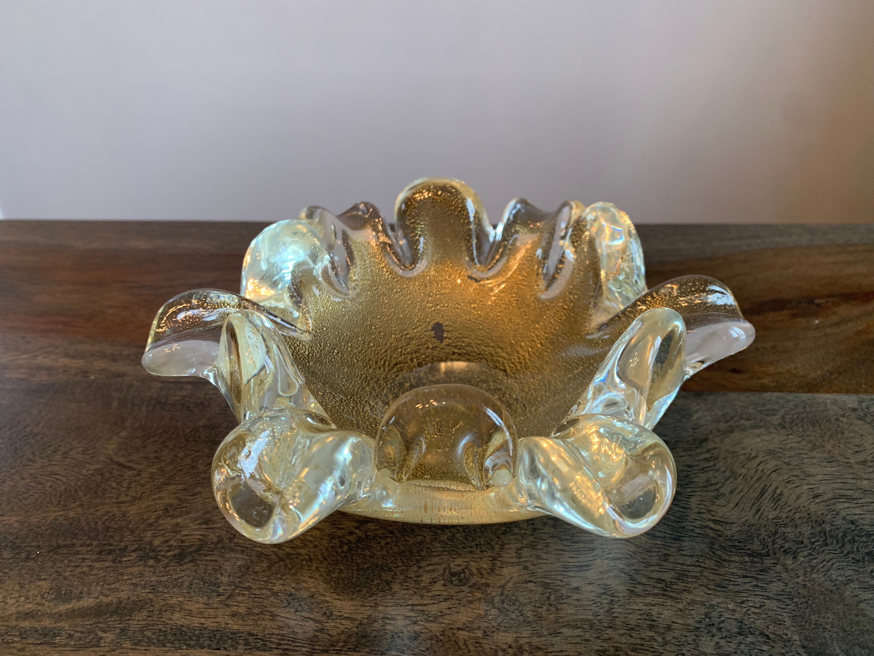 ガラスアート灰皿 金色の斑点 フレーク 装飾ボウル ヴィンテージ