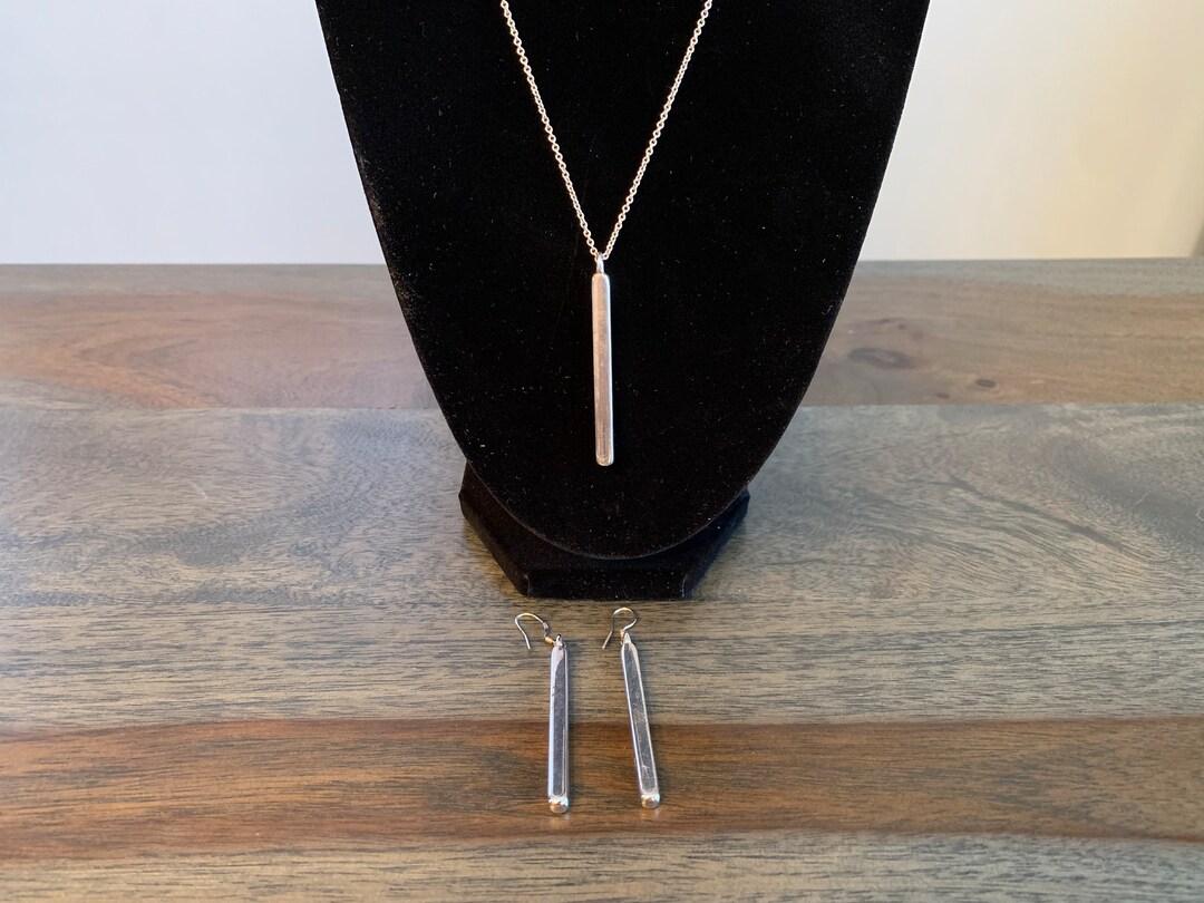 Sterling Silver Drop Bar Necklace Pendant Earrings Set Vintage Stamped