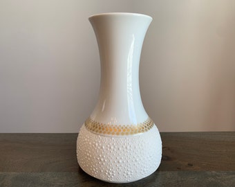 Thomas Vase Made in Germany White Gold Accents Textured Starburst MCM Vintage German Pottery Stamped Thomas Germany