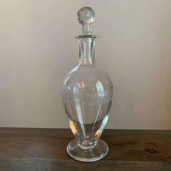 Baccarat Crystal Decanter Etched Made in France Mismatched Stopper Vintage Vase Delicate Flower Etching