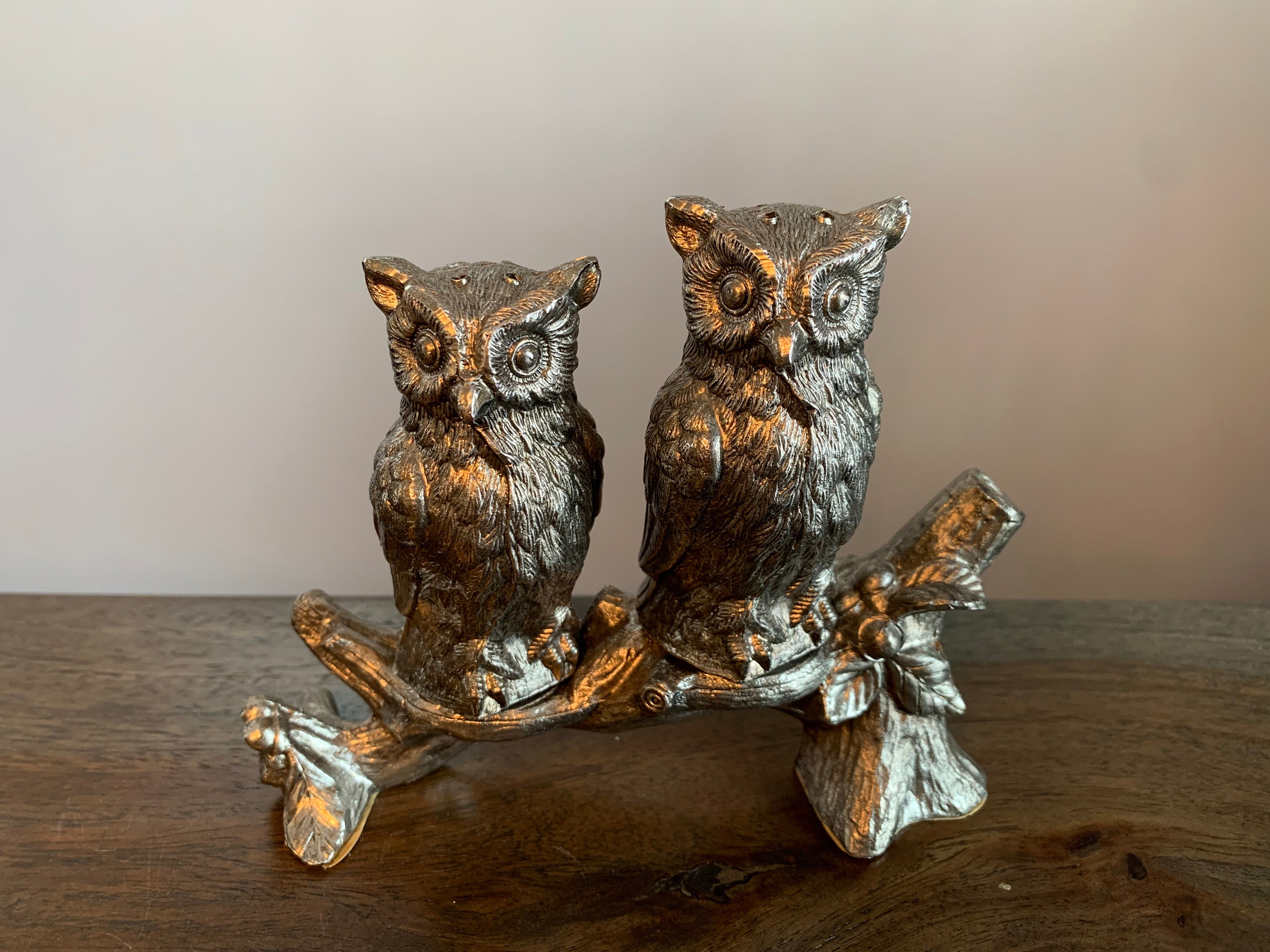 Pair Owls on a Branch Salt Pepper Shakers E.P. Antimony Condisco