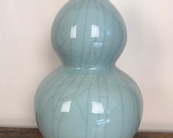 Double Gourded Celadon Crackled Vase signed Vintage Heavy