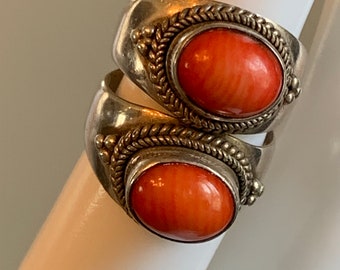 Sterling Silver Double Ring Coral Size 5 Stamped 925 NAT Vintage Original