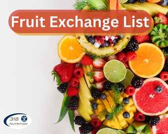 May include: A colorful assortment of fruits including pineapple, oranges, strawberries, raspberries, blackberries, mango, kiwi, and grapefruit. The text "Fruit Exchange List" is displayed in red at the top of the image.