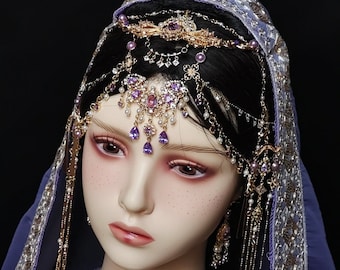 Bijoux frontaux en cristal antique - Accessoires pour cheveux - Couronne de tête de style Dunhuang - Chaîne de cheveux - cadeau pour femme - Personnaliser les bijoux - boucle d’oreille