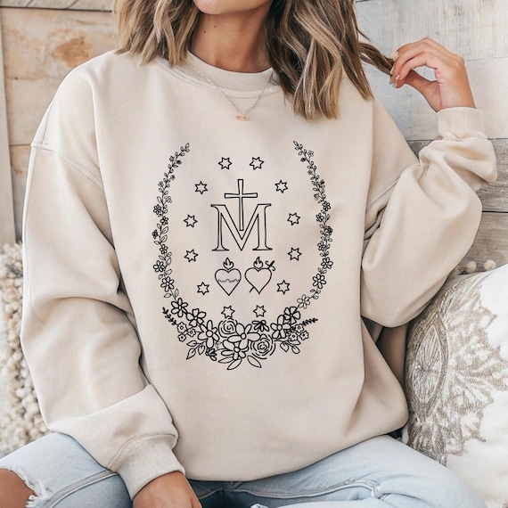 Catholic Faith PNG Marian Medalion Clipart Virgin Mary Sublimation Design Hand Drawn Doodle Marian tshirt Png Trendy Catholic Woman Print