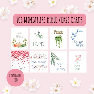 May include: A set of 106 printable miniature Bible verse cards. The cards feature watercolor illustrations and inspirational quotes. The cards are perfect for adding a touch of faith to your home or office.