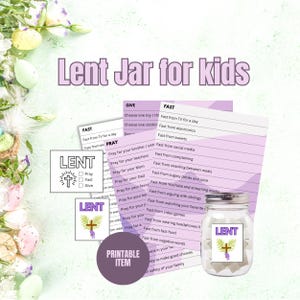 Könnte beinhalten: Druckbarer Fastentopf für Kinder mit einem lila und weißen Farbschema. Der Topf ist mit kleinen weißen Quadraten gefüllt. Die druckbaren Blätter enthalten Aktivitäten zum Geben, Beten und Fasten. Der Text auf den Blättern lautet "Lent Jar for Kids", "Give", "Fast", "Pray", "LENT", und "Printable Item".