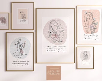 Empowered women Line Art Gallery Set Print, Motivational quotes wall art, Self Love Printable Affirmation Posters, Boho abstract décor, AF01