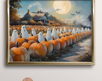 Hiding Ghosts spooky Pumpkin Patch wall art, Vintage Painting Art Country Cottage Fall Decor PRINTABLE, Farmhouse halloween printable Poster