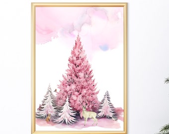 Pink Christmas Tree Print, Watercolor Forest Animals (Digital Download)