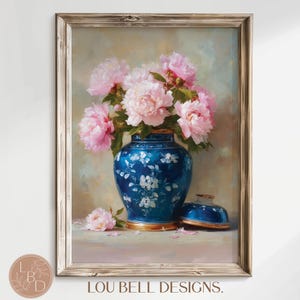 Pfingstrose Chinoiserie Wand Kunst Druck, Blaue Ingwer Glas Blumenmalerei, Vintage Blumen druckbare, elegante Cottagecore Blumenkunst Digitaler Download