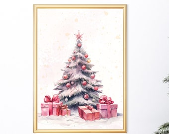 Pink Christmas Tree Watercolor Print, Festive Holiday Decor (Digital Download)