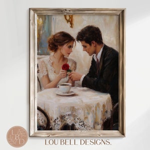 Romantic Paris lovers painting – Couple in Parisian café Print - Antique French Wall Art -Valentines Day Neutral Home Décor Digital Download