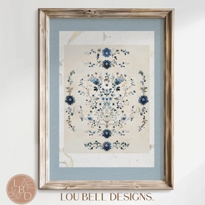 French Blue Botanical Wall Art Printable, Vintage Floral Motif in Soft Ivory and Blue, Botanical Chinoiserie style Farmhouse Decor Download