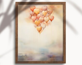 Puede incluir: Una pintura de acuarela de un grupo de globos en forma de corazón en tonos melocotón, naranja y crema, flotando sobre un fondo suave y brumoso.