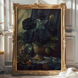 Elegant Gothic Black Rose Wall Art Print, Black Rose Wall Art Print, Antique Floral Dark Botanical Aesthetic, Vintage Floral Art Download