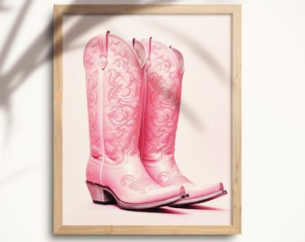 Utskrivbar konst med rosa cowgirl, pastellrosa kustnära cowgirl-väggkonst, rosa preppy-väggkonst, westernillustration, rosa cowgirl-stövlar, WEST02