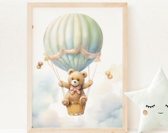 Teddy Bear Hot Air Balloon Baby Shower Gift, Vintage Balloon Blue Clouds Nursery Print, Cute Teddy Bear Nursery Décor, PRINTABLE Wall Art B1