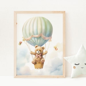 Teddy Bear Hot Air Balloon Baby Shower Gift, Vintage Balloon Blue Clouds Nursery Print, Cute Teddy Bear Nursery Décor, PRINTABLE Wall Art B1