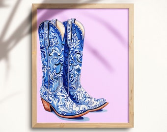 Blaue Blumen Cowgirl Stiefel Kunstdruck, Western Dekor (Digitaler Download)