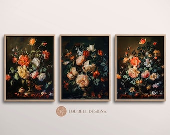 Vintage Dark Academia Cottagecore Floral WALL ART Decore, Dark botanical PRINT Set of 3, Rustic artful dark floral, Digital Download, FV1