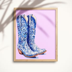 Western Cowgirl Blue Boots Art Print Digital Download Preppy Blue Boots Print Cowgirl Decor Coastal Cowgirl Art Cowboy Boots Drawing WEST02