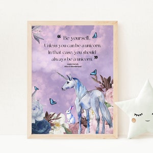 Alice in Wonderland Unicorn Nursery Quote PRINTABLE, Purple Butterfly Flower and Horse Girly Poster, Baby Shower Book Quote Print, AIW01