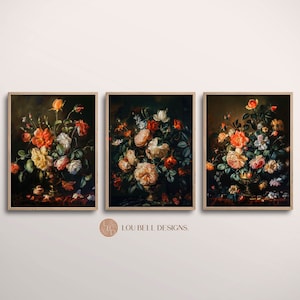 Vintage Dark Academia Cottagecore Floral WALL ART Decore, STAMPA botanica scura Set di 3, Rustico artistico floreale scuro, Download digitale, FV1