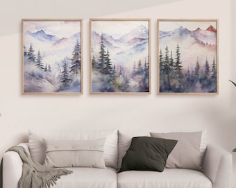 Ensemble d'art imprimable montagne abstrait, montagne aquarelle impression lot de 3, impression d'art Boho Nature forêt, téléchargement paysage triptyque, PWM01