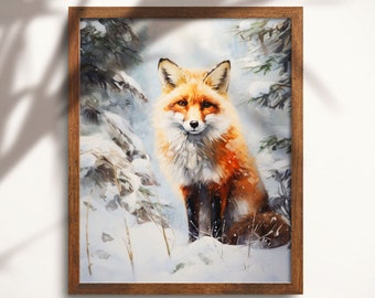 Winter Fuchs Kunst DRUCKBAR, Rotfuchs im verschneiten Tannenwald DIGITAL Druck, Vintage Öl Malerei Stil, rustikale Winter Waldtier DOWNLOAD WA01