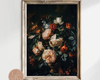 Vintage Rose Botanical Artful WALL ART Print, Dark Academia Floral Rose art, Still life Moody Roses Cottagecore Decore, INSTANT Download,FV1