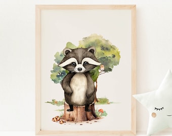 Waschbär Liebhaber Geschenk, Waldtiere Kinderzimmer Poster, Waschbär druckt, Kinderzimmer Dekor, WAN01, Kinderzimmer Poster