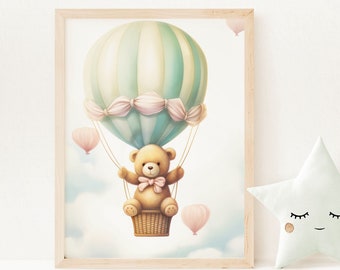 Teddy Bear Hot Air Balloon Baby Shower Gift, Cute Teddy Bear Nursery Print, Vintage Balloon with a Bear Nursery Décor, PRINTABLE Wall Art B1