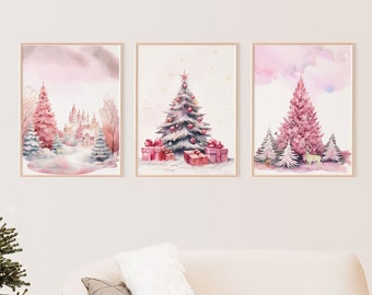 Pink Christmas Tree Watercolor Art Print Set (Digital Download)