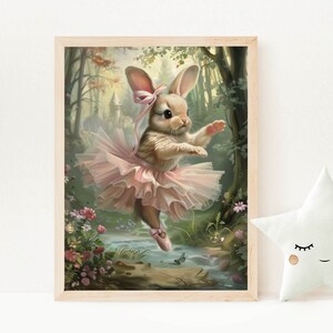 Girls Room Ballerina Bunny Wall Art Pink Tutu Fairytale Print, Cute Bunny wallart Magic forest Vintage Style, Nursery Decore gift Digital FT